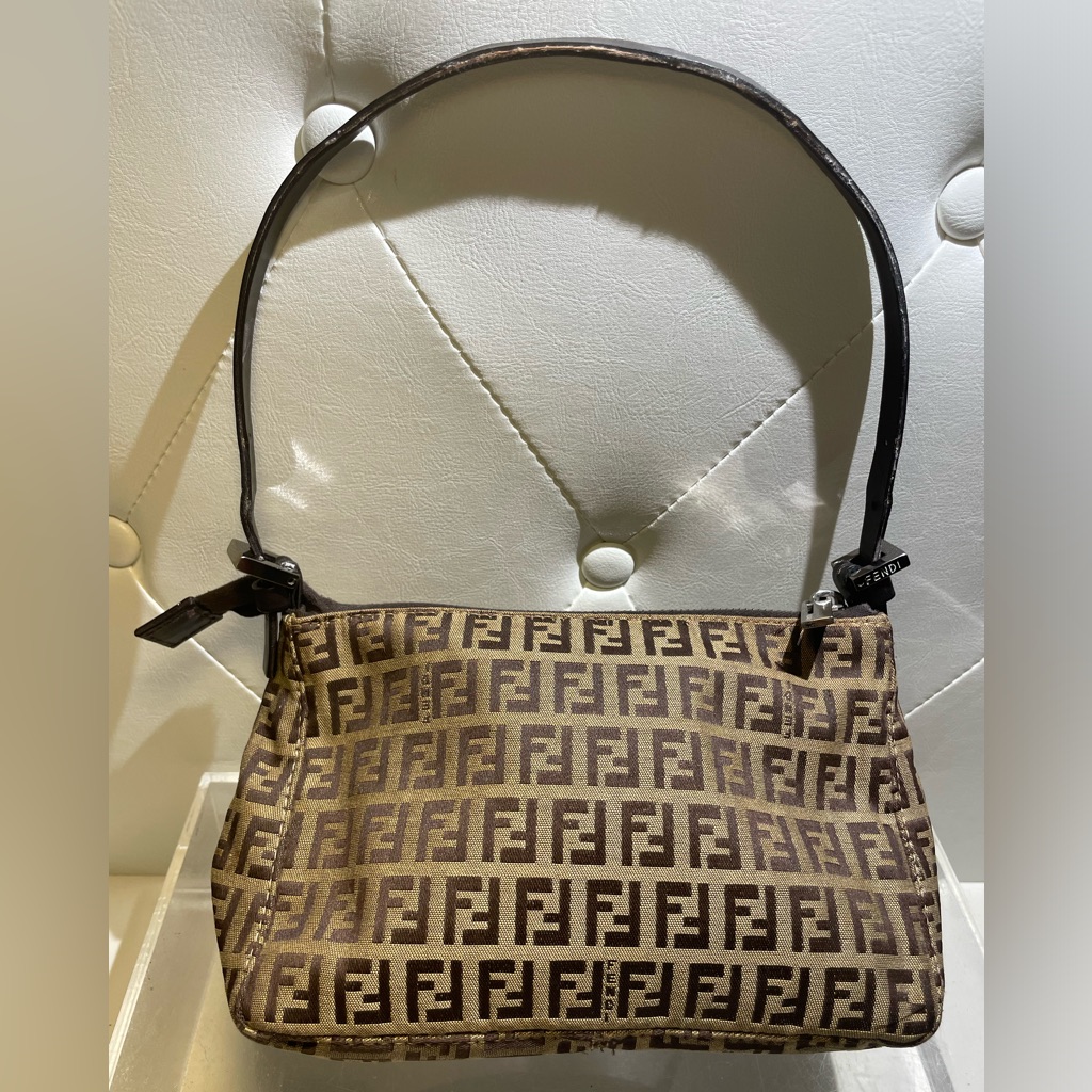 Fendi Zucchino One Shoulder Bag Pouch Hobo Accessor Handbag Brow Dark